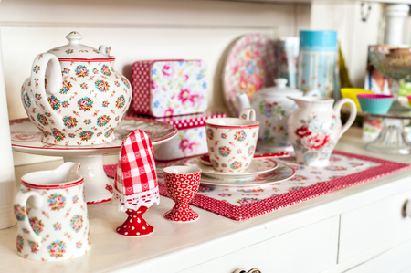 Tea set and cup in wood boardの写真素材