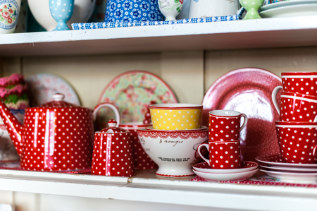 Porcelain cups in wood boardの写真素材