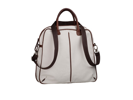 Fabric handbag with leather patches isolated on white backgroundの写真素材