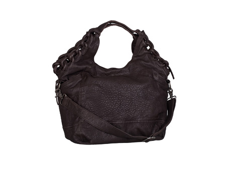 Dark brown leather handbag isolated on white backgroundの写真素材
