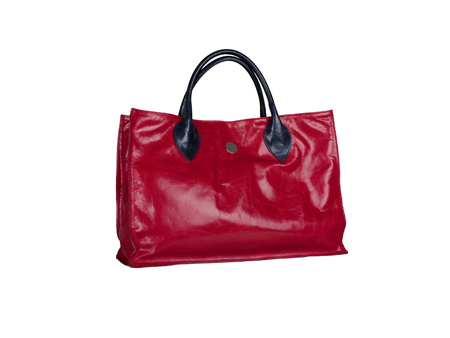 Red leather handbag isolated on white backgroundの写真素材