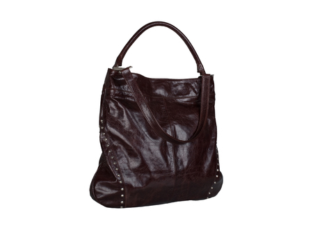 Dark brown leather handbag isolated on white backgroundの写真素材