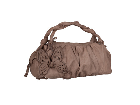 Brown suede leather handbag isolated on white backgroundの写真素材