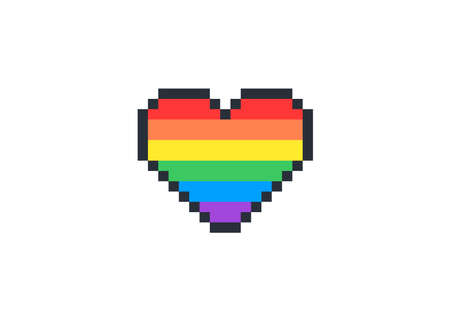 8 bit pixel rainbow heart. Vector Pride pixel heart Valentines Day retro card.のイラスト素材