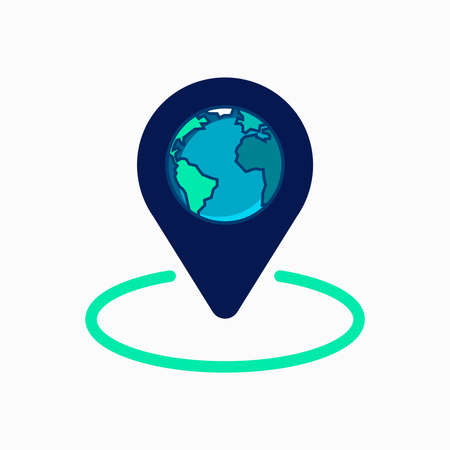 Globe location pin vector icon. Point navigation GPS mark or symbol. Tag for direction place. Position element. Map. World. Earth.のイラスト素材