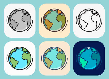 Detailed flat colored world map, mapped on a globe color, isolated on white, blue background. Earth icon simple element illustration. Planet sign. World symbol. Thin line icon. America. Africa.のイラスト素材