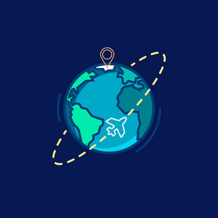 Colorful mix icon for abroad. Around the world traveling by plane, airplane trip in various country, travel pin location on a global map. Modern design style vector illustration concept. Airline. Pinのイラスト素材