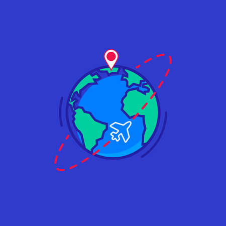 Colorful mix icon for abroad. Around the world traveling by plane, airplane trip in various country, travel pin location on a global map. Modern design style vector illustration concept. Airline. Pinのイラスト素材