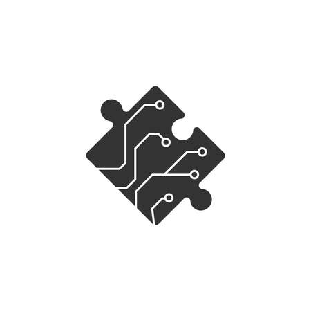 Puzzle piece with microchip. Monogram icon. technology concept vector for identity corporate or company symbol. Creative brand. Modern template. Chip symbol, game graphic line logo. solution design.のイラスト素材