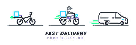 Free shipping. Fast moving shipping delivery van, bike, bicycle and motorcycle line art vector icon for transportation apps and websites for E-commerce. Comes out. Deliver. Distribution.のイラスト素材