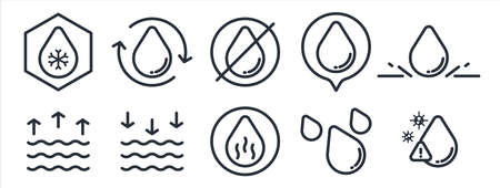 Water drop. Water set in modern line style. High quality black outline drop symbols for web site design and mobile apps. Simple water pictograms on a flat background.のイラスト素材