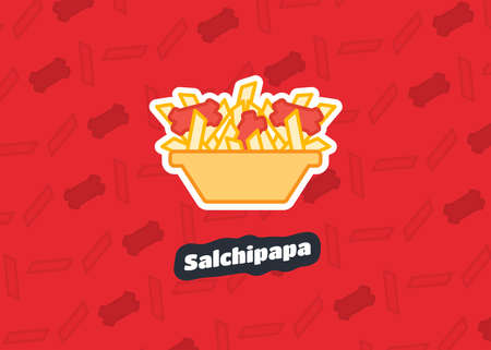 Salchipapa. Street food and typical traditional Latin American dish. Vector illustration icon food. Lunch meal. French fries. Sausages. Ecuador. Peru. Venezuela. Colombia. Bolivia. Tasty. Snack Food.のイラスト素材