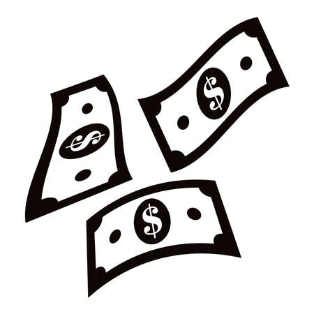 Falling dollar banknotes, money rain, flat vector illustration isolated on white background. American dollar falling set, animation ready. USD paper notes flying in the air.のイラスト素材
