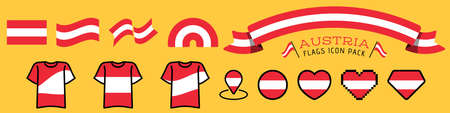 Big set of label, stickers, pointer, badge, symbol and page curl with Austria flag icon on design element. Collection vector illustration. Isolated on white background.のイラスト素材