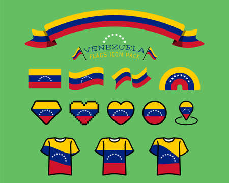 Big set of label, stickers, pointer, badge, symbol and page curl with Venezuela flag icon on design element. Collection vector illustration. Isolated on white background.のイラスト素材