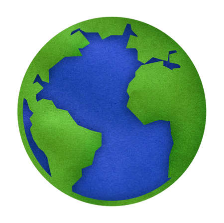 world icon made with colored cardboard, earth globe made of recycled paper, handmade map.の写真素材