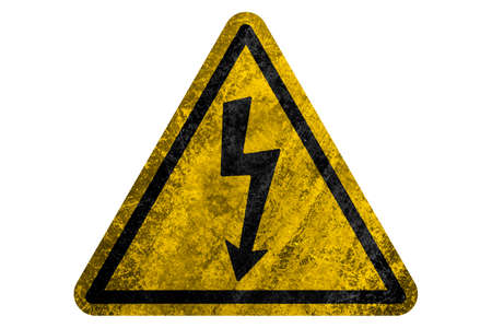Hazard warning symbol rustic texture with ELECTRICITY mark on white background. Worn and corroded metalの写真素材