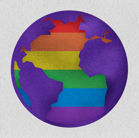 LGBT + World, planet, earth vector isolated flag colors of LGBT + for LGBT + activism, pride week, pride parade, pride festival, pride walk. map. Earth globe made of recycled paperの写真素材