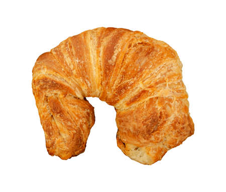 Piece of traditional Latin American bakery called CUERNITO o CACHITO, bread made with wheat flour. top view of a piece of croissant, bread on a white surface. White backgroundの写真素材