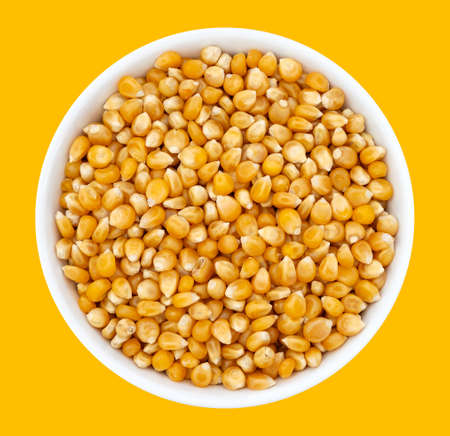 Top view of bowl with Popcorn Kernels Uncooked. Popcorn Kernels Uncooked in a Ceramic Bowl. The image is a cut out, isolated on a white background, with a clipping pathの写真素材