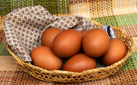 Chicken eggs in beige colors lie in a wicker basket on bed of straw.の写真素材
