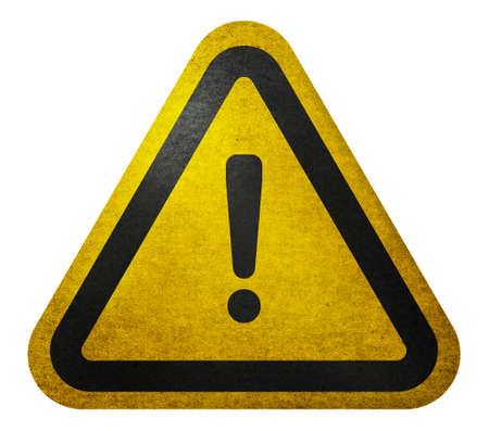 Hazard warning symbol rustic texture with exclamation mark on white background. Hazard warning attention sign with exclamation mark symbol.の写真素材