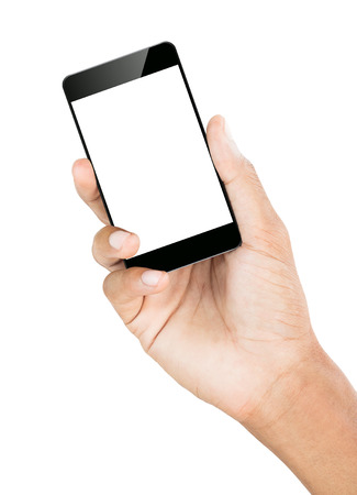 hand hold smartphone isolated white with clipping path insideの写真素材