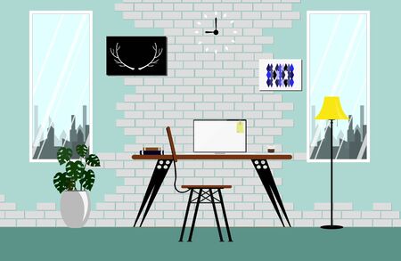 interior in loft space with  white vintage brick wall color sky. Modern cozy workspace with wooden table laptop lamp clock vector illustration.のイラスト素材