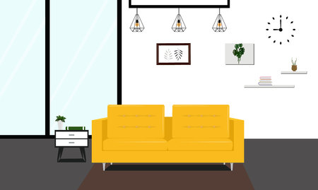 Modern living room with yellow sofa vector illustration.のイラスト素材