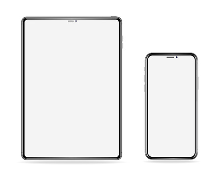 realistic set of electronic devices, tablet and phone with empty screen on white backgroundのイラスト素材