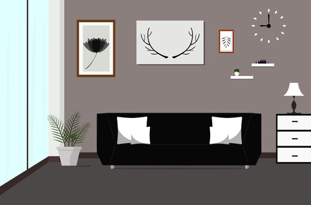 Interior living room with sofa, lamp, pictures, window, Flat Vector Illustrationのイラスト素材