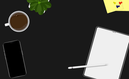 top view workspace with coffee, tablet, plant, smartphone. vector flat illustration banner.のイラスト素材