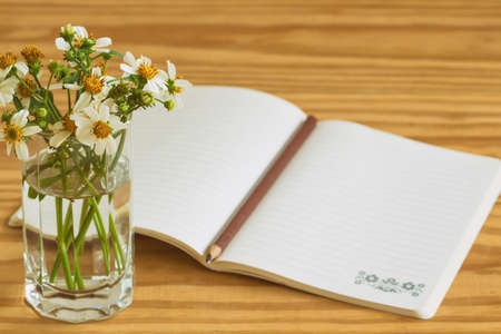 White notebook open on rustic wood table with brown or black pencil. Notebook open on desk with pencil and vase of camomile so freshness and relax. Copy space concept for background or wallpaper.の写真素材