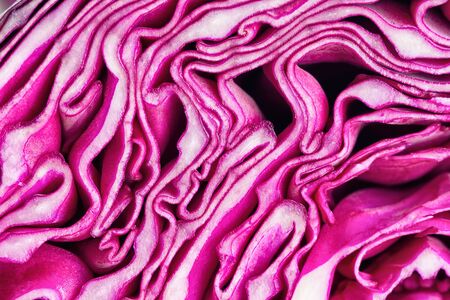 Close up sliced or cut fresh purple cabbage in a half, top view flat lay to present surface and texture of cabbage can apply for background or wallpaper. Vegetable pattern concept in macro style.の写真素材