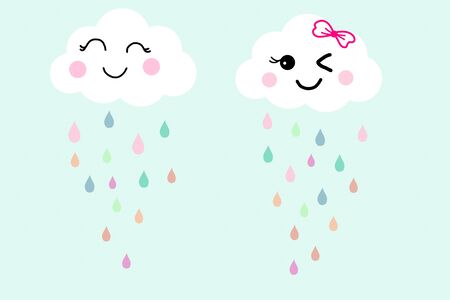 Pretty smile face white cloud on blue sky background and colorful raindrops. Concept about fresh and happy in raining day with friend. Hand drawn illustration technic wallpaper for clothes pattern.の写真素材