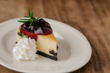 Delicious and sweet blueberry New York cheesecake on white plate served with whipped cream on wood table in close up view with copy space. Homemade bakery for cafe and restaurant or birthday cake.の写真素材