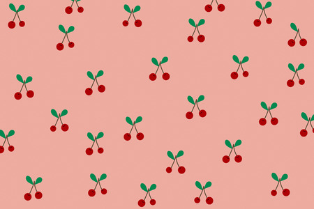 Red cherry pattern on pastel pink background with doodle art hand drawn illustration in minimal...