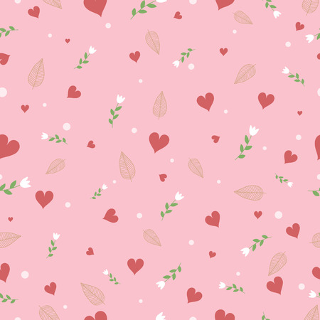 Cute vector art seamless pattern with red heart shape white flower and brown leaf on pastel blue background in minimal abstract concept for love theme on Valentine day and wallpaper or other design.のイラスト素材