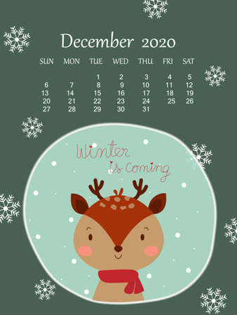Winter green background with cute reindeer and 2020 December calendar under snowflake. Sweet and cute wallpaper vector art design for season greetings Christmas and happy new year celebration festivalのイラスト素材
