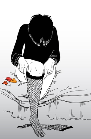 girl puts stockings on bed with autumn leaves のイラスト素材