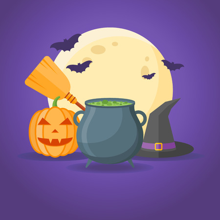 Halloween design with cauldron with potion, witches hat, broom, pumpkin, full moon and bats on dark purple background. Vector illustration.のイラスト素材