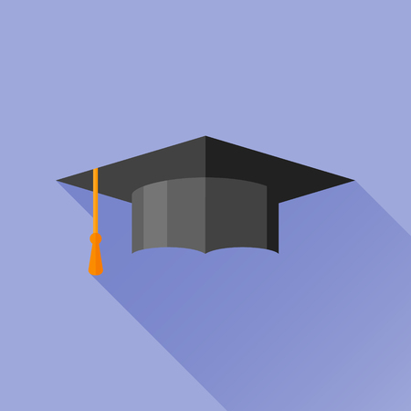 Graduation cap flat icon with long shadow on blue background. Mortarboard vector illustration.のイラスト素材
