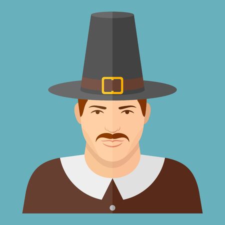 Pilgrim character on blue background. Man face flat icon. Thanksgiving Day. Vector illustration.のイラスト素材