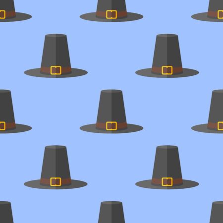 Seamless pattern with pilgrim hat on blue background. Thanksgiving vector texture.のイラスト素材