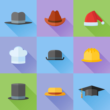 Set of hats flat icons with long shadow. Safety helmet, bowler, top hat, graduation cap, chef, gangster, tourist, cowboy and Santa Claus hats. Vector illustration.のイラスト素材