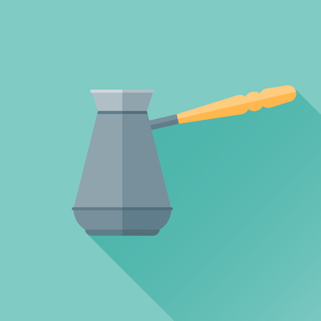 Cezve flat icon with long shadow on blue background. Turkish coffee pot. Vector illustration.のイラスト素材