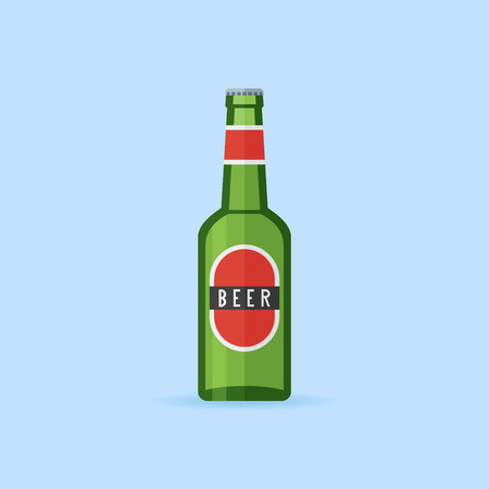 Green bottle of beer with label isolated on blue background. Flat style icon. Vector illustration.のイラスト素材