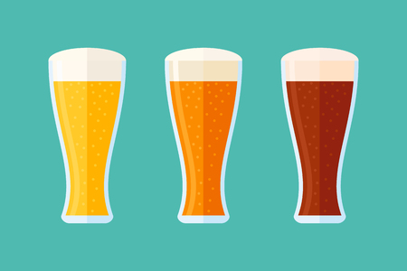 Different beer types: classic white, light and dark. Set of glasses with beer. Flat style horizontal banner.のイラスト素材