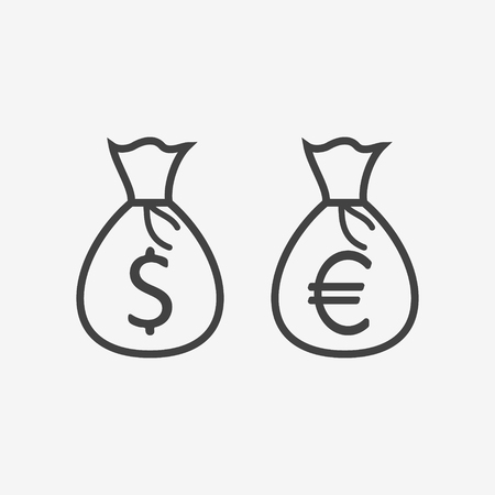Set of money bags with dollar and euro sign monochrome icons on white background. Vector illustration.のイラスト素材