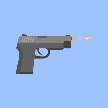 Gun firing bullet isolated on blue background. Pistol shot. Flat style vector illustration.のイラスト素材